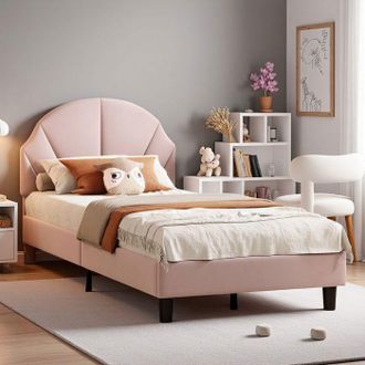 OEM Cama Infantil 90x200 Cm De Terciopelo Rosa - Marco Escandinavo Con Cabecera Ajustable