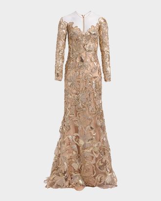 Elie Saab Long-Sleeve Metallic Raffia Embroidered Illusion Gown