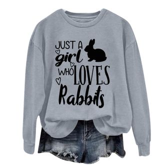 Generic Womens Sweatshirts Pullovers Casual Blouses Just A Girl Who Loves Rabbits Womens Lettered Rabbit Print Crew Neck Long Sleeve Top (Grey, S)