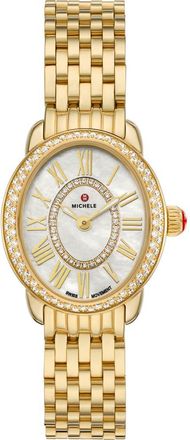 Michele Serein Oval Diamond & Mother-of-Pearl Bracelet Watch, 24mm x 27mm in Gold at Nordstrom