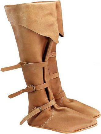 Generic Mens Round Toe PU Leather Pirate Boots Pull on Medieval Boot with Buckle Flat Heel Steampunk Boots,Yellow,7.5 UK