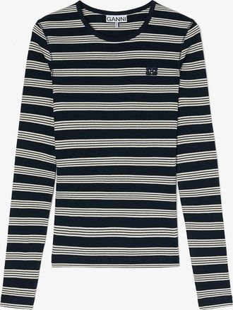 Ganni Navy Stripe Rib Longsleeve - Size XXS