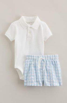 Nordstrom Cotton Polo Bodysuit & Shorts Set in White- Blue Gingham at Nordstrom, Size 18M