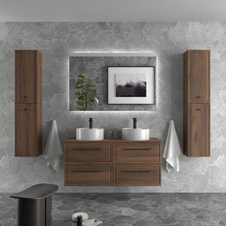 Cygnus Bath Mueble De Ba&ntilde;o Runa 140cm Nogal 4 Cajones Lavabo Sobre Encimera 2 Pozas Porcelana