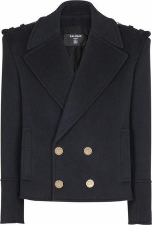 Balmain Cropped wollen reefer jacket - Heren - Blazers - Blauw - M - Wol - Jassen