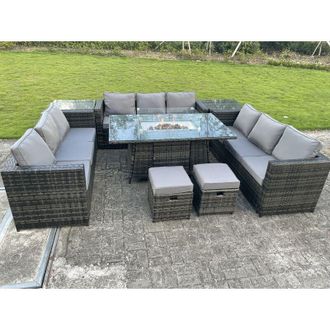 Fimous Outdoor Rattan Garden Corner Furniture Gas Fire Pit Table Gas Heater Sets Side Tables Small Footstools Dark Grey 11 Seater - Fimous