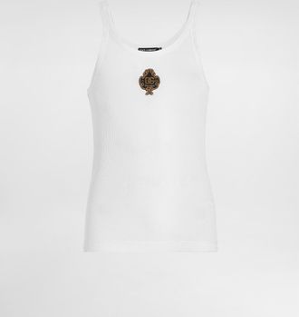 Dolce & Gabbana Ribbed Jersey Tank Top With Patch - Man T-shirts And Polos White 44