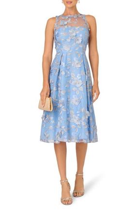 Adrianna Papell Floral Embroidered Fit & Flare Midi Cocktail Dress in Light Blue/Gold at Nordstrom, Size 12