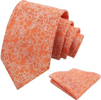 Alizeal Mens Flower Tie Set Solid Color Wedding Party Formal Casual Floral Necktie with Handkerchief Set, Orange