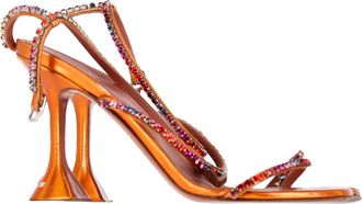 Amina Muaddi Gilda Embellished Ankle Strap Sandal Heels in Orange Calf Leather
