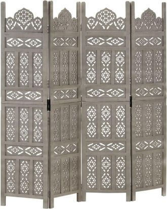 vidaXL Biombo 4 Paneles Tallado A Mano Madera Mango Gris 160x165 Cm Vidaxl