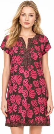 Calypso St. Barth Rowena Tunic in Olive With Pink Batik Palm at Nordstrom, Size X-Large