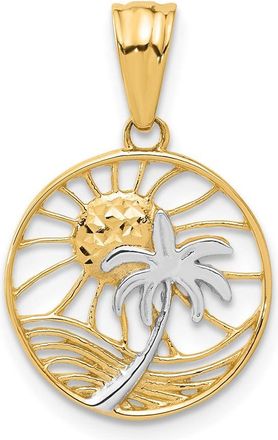 Diamond2Deal 14k Yellow Gold with White Rhodium Ocean and Palm Tree Round Pendant