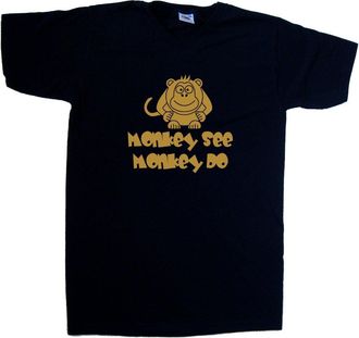 Tee Tree Designs Monkey See Monkey Do Funny Black V-Neck T-Shirt (Gold Print)-XXX-Large