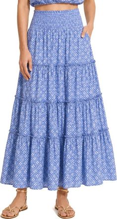 Change of Scenery Charlie Eyelet Embroidered Smock Waist Slit Skirt in Meridien Breeze at Nordstrom, Size X-Small/small