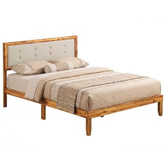 Costway Costway Double Size Bed Frame Acacia Wood Platform Beds w/ Tufted Headboard in Beige