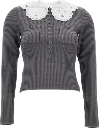 Self Portrait Ribbed Knit Top with Scalloped Lace Collar and Button Detail