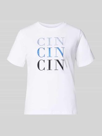 Comma T-Shirt mit Ziersteinbesatz und Rundhalsausschnitt in Weiss, Gr&ouml;&szlig;e 34