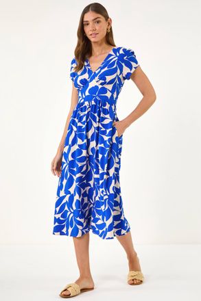 Roman Womens Leaf Print V-Neck Midi Dress - Blue - Size 10 UK