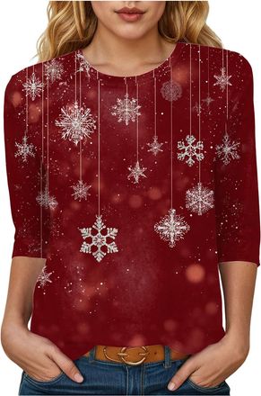 Generic Christmas Tshirt for Women Christmas Tree Print Tunic Tops 3/4 Sleeve Lightweight Crew Neck Pullover Casual for Women Novelty Tee Shirts Ladies Funny 