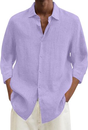 Generic Linen Shirts Mens Button Down Beach Causal Shirts For Men Adult Round Neck-3/4 Length Sleeve Casual Basic Shirt Solid Color Regular Fit Tops Tee Overs