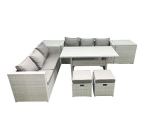 Fimous Rattan Garden Furniture Set 8 Seater Outdoor Sofa Set with Dining Table 2 Side Tables 2 Small Footstools Light Grey Mixed