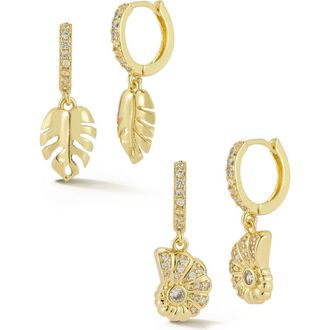 Glaze Jewelry Set of 2 Leaf & Shell Drop Huggie Hoop Earrings in Gold at Nordstrom Rack