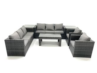 Fimous Rattan Garden Furniture Sofa Set with Coffee table Armchair 2 Side Tables Dark Grey Mixed