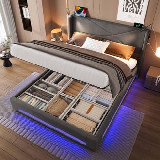 Direct Wicker Modern Hydraulic King Bed Frame with LED Lighting & Reading Lamps in Dark Grey