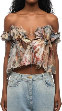Balmain Multicolor Printed Off Shoulder Top