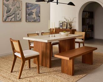 Castlery Sloane Travertine Dining Table 70.9, Walnut by Castlery, Multi Color