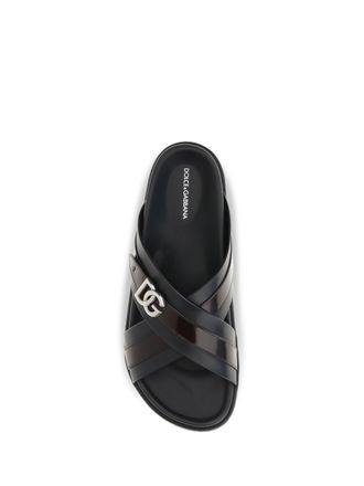 Dolce & Gabbana Mens Slide Sandals Calf Leather Black-Cacao Black/cacao