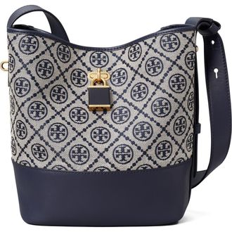 Tory Burch Medium Lock T Monogram Bucket Bag in Tory Navy at Nordstrom