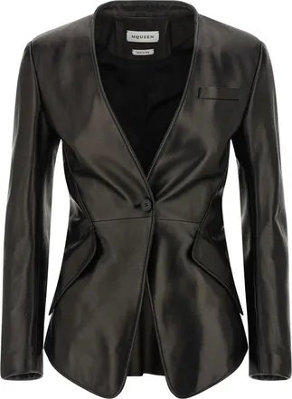 Alexander McQueen Jassen, Dames, Zwart, S, Leer, Peplum Tailored Leather Jacket