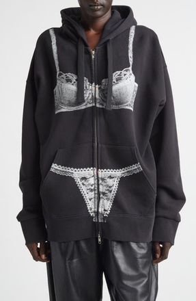 Vaquera Trompe lOeil Lingerie Oversize Full Zip Hoodie in Washed Black at Nordstrom, Size Medium