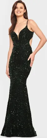 Faviana V-Neck Cutout Sequin Evening Gown In Hunter