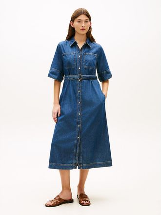 Tommy Hilfiger Womens Belted Denim Midi Dress - Blue - 4