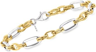 Ross-Simons Italian Sterling Silver and 18kt Gold Over Sterling Alternating Cable and Paper Clip Link Bracelet