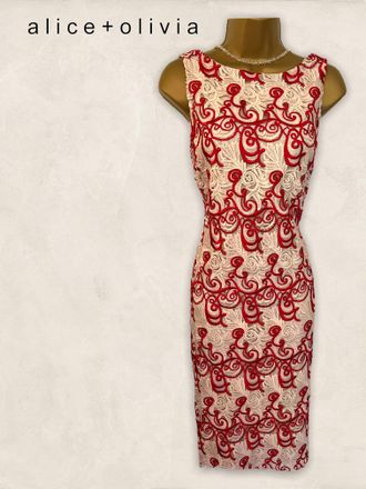 Alice & Olivia Red & white guipure lace low-back dress Size L