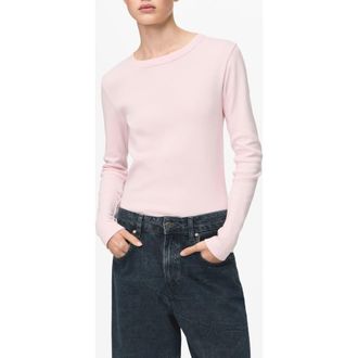 Mango Long Sleeve Cotton Rib T-Shirt in Pastel Pink at Nordstrom, Size Small