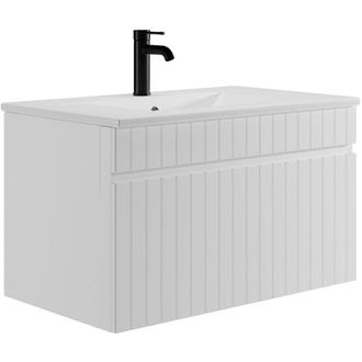 Vente-Unique Mobile per bagno sospeso con scanalature Bianco e lavabo da incasso 80 cm - satara
