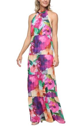 S.L. Fashions Tiered Floral Halter Maxi Dress in Magenta Multi at Nordstrom, Size 16