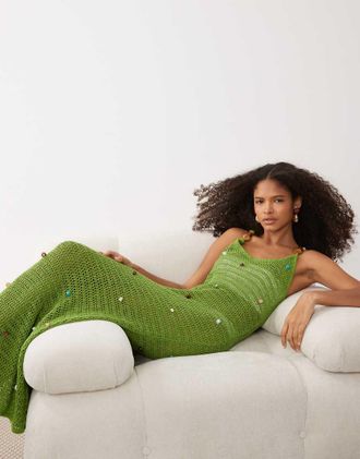 Asos Vestito lungo color salvia con cuciture fiammate e perline-Verde