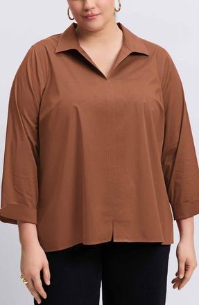 Foxcroft Agnes Non-Iron Smocked Cuff Blouse in Macchiato at Nordstrom, Size 1X