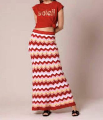 Minnie Rose Cotton Cashmere Chevron Pointelle Maxi Skirt In Red Multi Combo