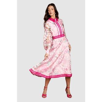 Coast Contrast Collar Lace Trim Midi Dress in Pink at Nordstrom, Size 10