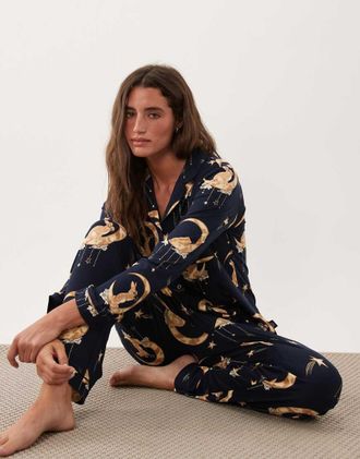 Chelsea Peers set pigiama super morbido con bottoni, stampa bunny moon navy-blu navy