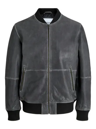 Jack & Jones Lederjacke JACK & JONES JJECHARGE LEATHER BOMBER SN, Herren, Gr. XXL, schwarz (schwarz detail:washed), Web, Obermaterial: 100% Lammleder, unifarben, r