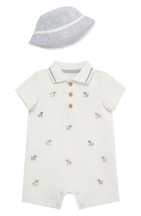Little Me Puppies Cotton Polo Romper & Hat Set in White at Nordstrom, Size 12M