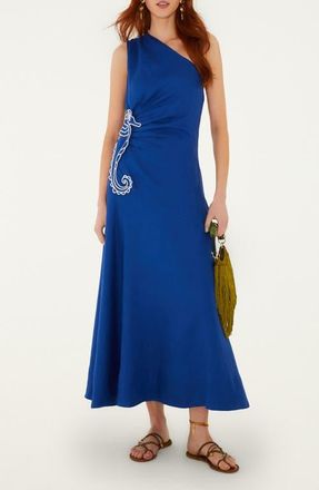 Farm Rio Embroidered Seahorse One-Shoulder Linen Dress in Blue at Nordstrom, Size Xx-Small